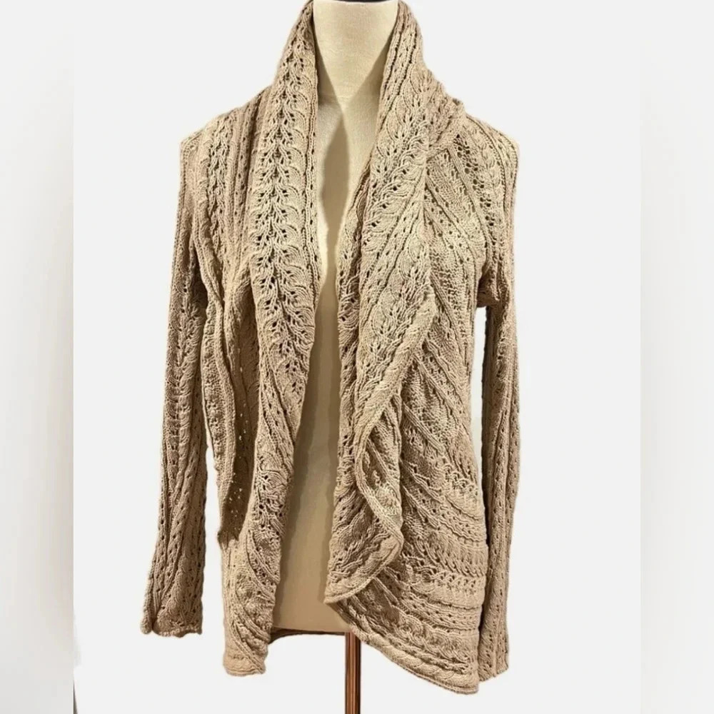 Cynthia Rowley Open Cable Knit Sweater Shawl Collar Beige Size M Bohemian Boho